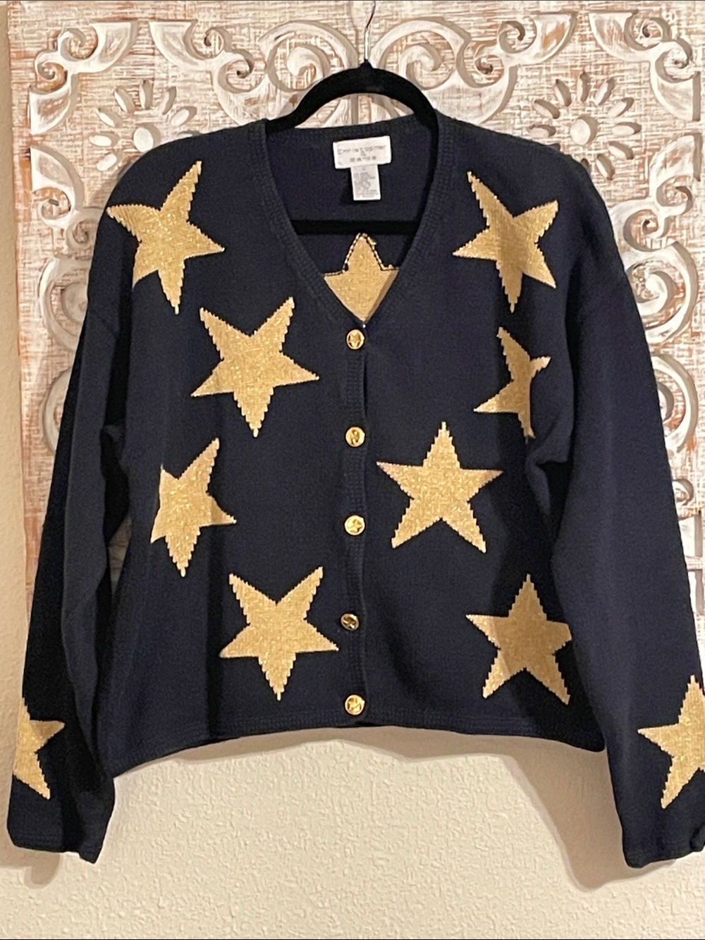 Christopher & Banks Navy Cardigan with Gold Star Appliqués